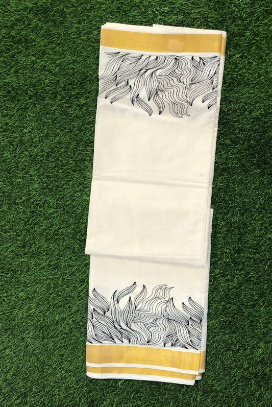 Kerala Set Saree with Black Thread Embroidery Designs