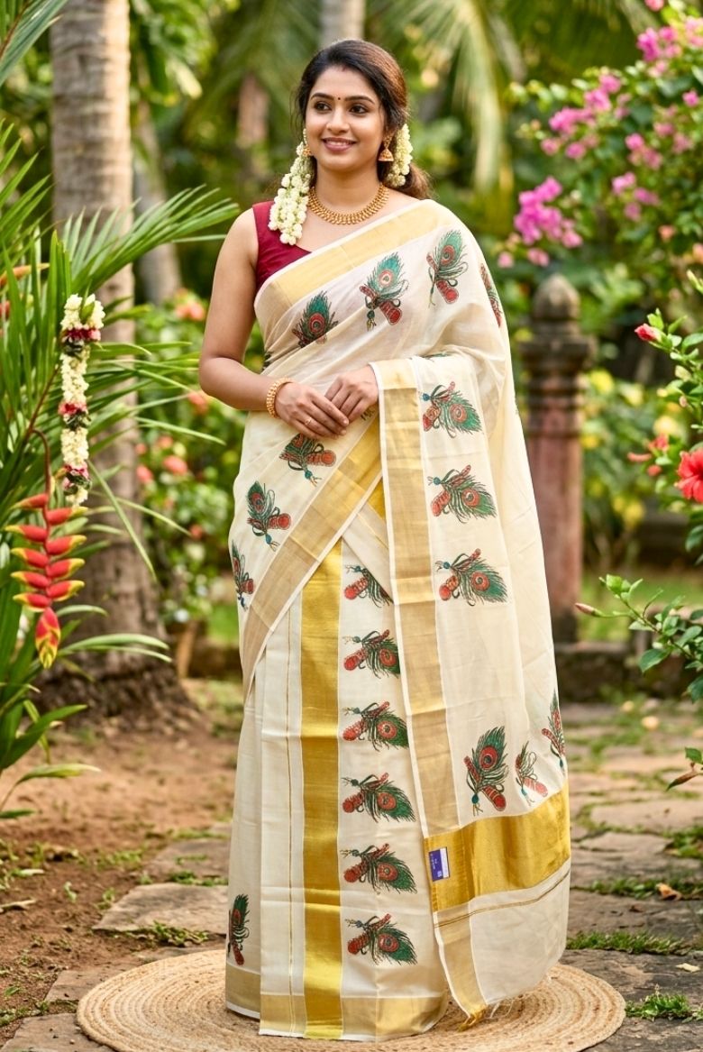 Peacock Feather and Flute Print Set Mundu with Classic Kasavu Elegance