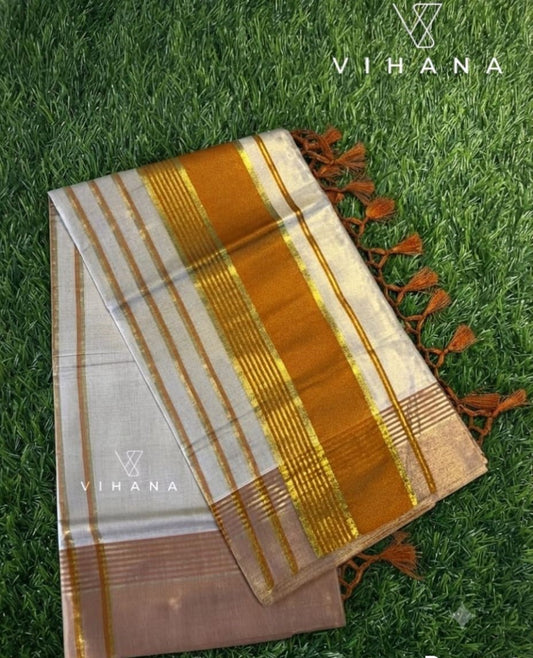 Rust Orange & Golden Kasavu Border Kerala Tissue Set Saree with Blouse-VS374