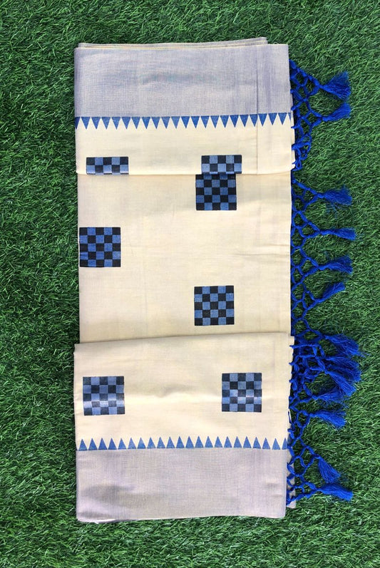 Kerala Handloom Tissue Set Saree with Royal Blue Geometric Prints