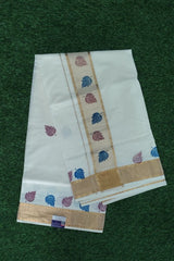 Elegant Kerala Cotton Set Saree with Gold Kasavu Border and Multicolor Leaf Prints