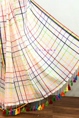 Aiswarya Laxmi Inspired White Mul Cotton Saree with Vibrant Multicolored Check Pattern