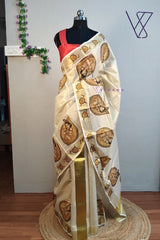 Kerala Tissue Set Mundu with Lord Krishna and Aalila Prints