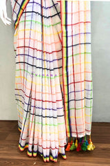 Aiswarya Laxmi Inspired White Mul Cotton Saree with Vibrant Multicolored Check Pattern