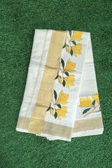 Elegant Kerala Kasavu Saree with Hand-Painted Yellow Florals
