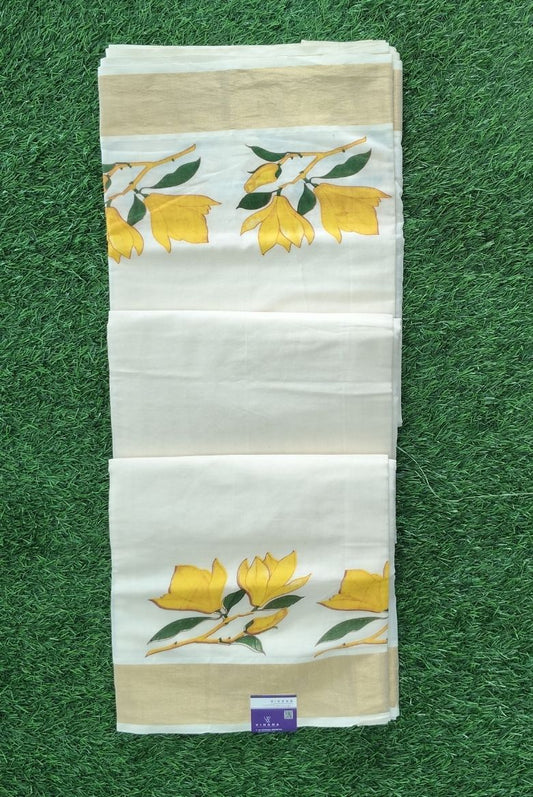 Elegant Kerala Kasavu Saree with Hand-Painted Yellow Florals