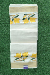 Elegant Kerala Kasavu Saree with Hand-Painted Yellow Florals