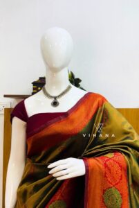 Dark Green Banarasi Saree with Maroon Border