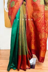 Dark Green Banarasi Saree with Maroon Border