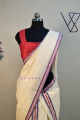 Kerala Mulloth Cotton Set Mundu with Dark Lavender and Red Striped Border.