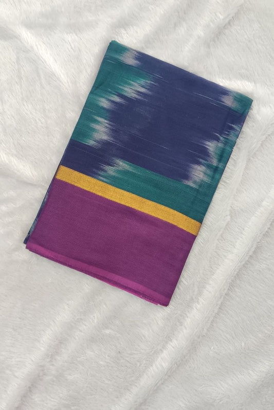 Peacock Blue-Magenta Village Cotton Ikat Print Saree