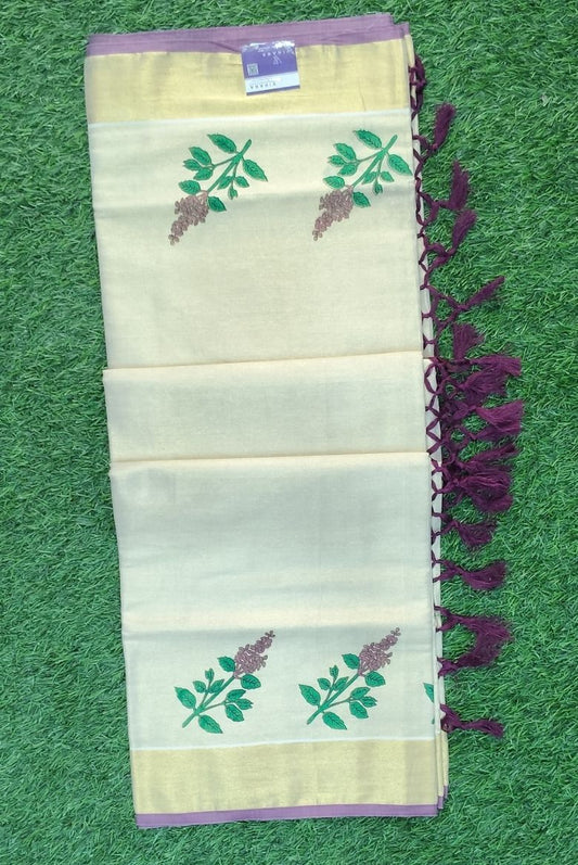 Kerala Golden Tissue Set Saree with Thulasikathir Printed Designs