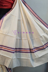 Kerala Mulloth Cotton Set Mundu with Dark Lavender and Red Striped Border.