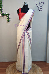 Kerala Mulloth Cotton Set Mundu with Dark Lavender and Red Striped Border.