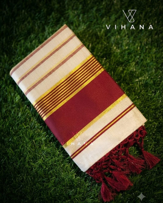 Maroon & Golden Kasavu Border Kerala Tissue Set Saree with Blouse-VS367
