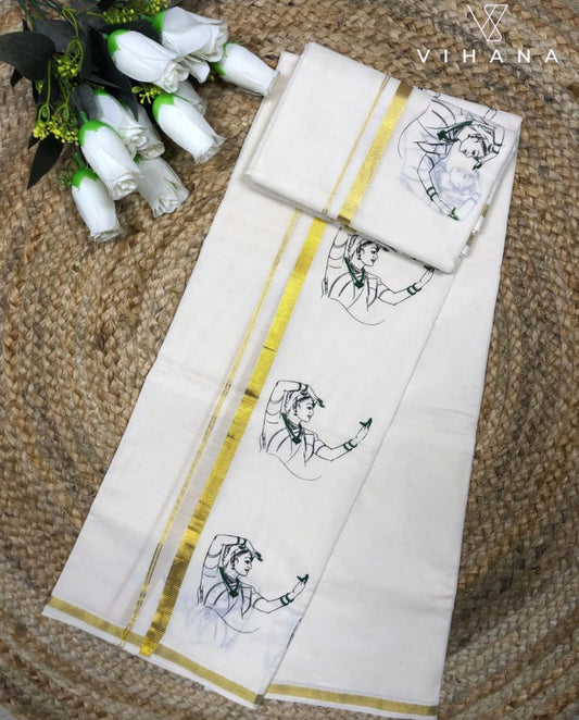 Kerala Cotton Set Mundu Off White Color Natya Print-VS480