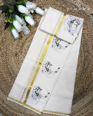 Kerala Cotton Set Mundu Off White Color Natya Print-VS480