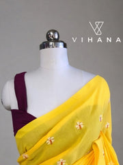 Khadhi Cotton Saree Yellow Silve Flower Embroidery- VS510
