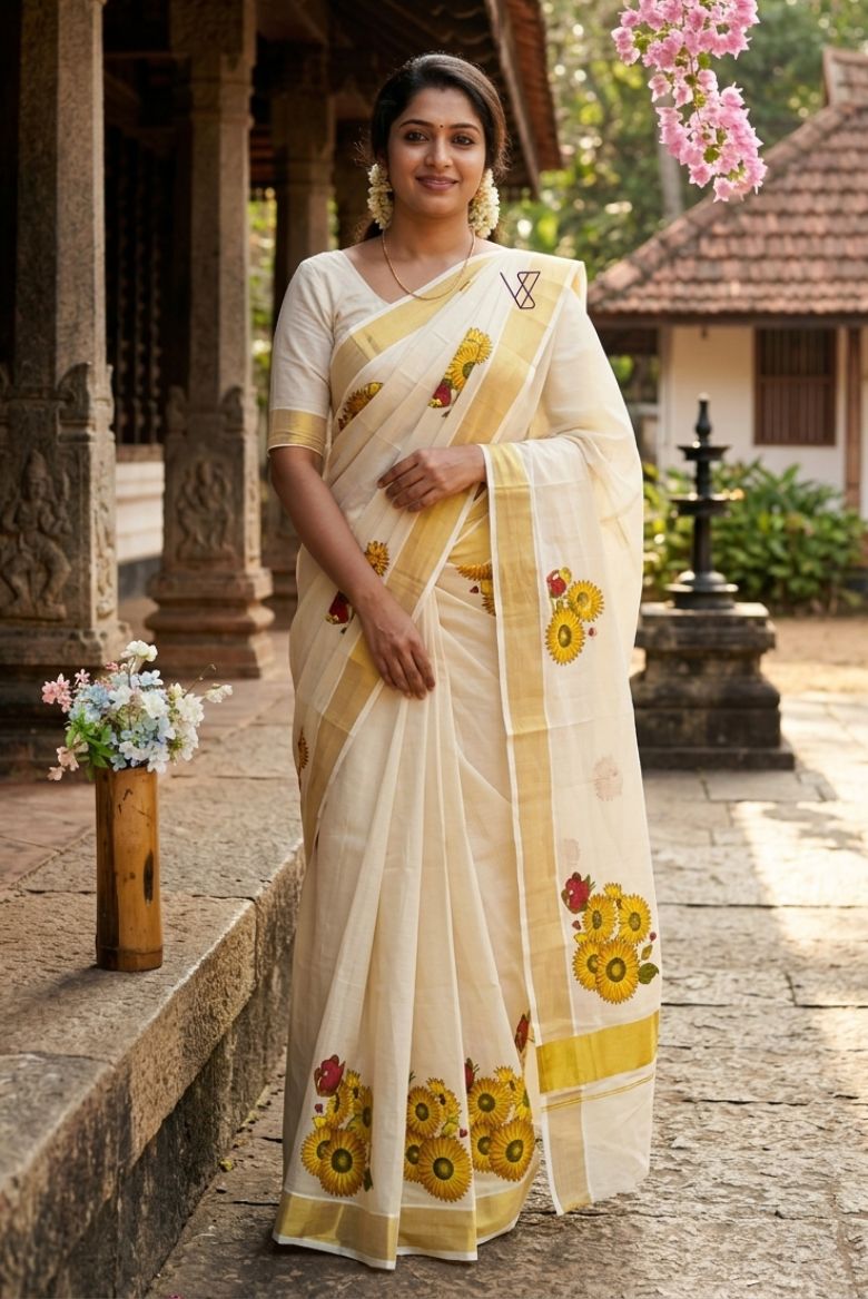 Kerala Golden Tissue set saree Sunflower Print