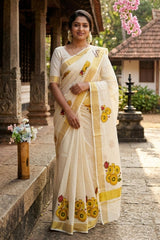 Kerala Golden Tissue set saree Sunflower Print