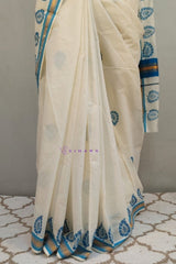 Stunning Blue-Bordered Cotton Set Saree With Traditional Leaf Prints