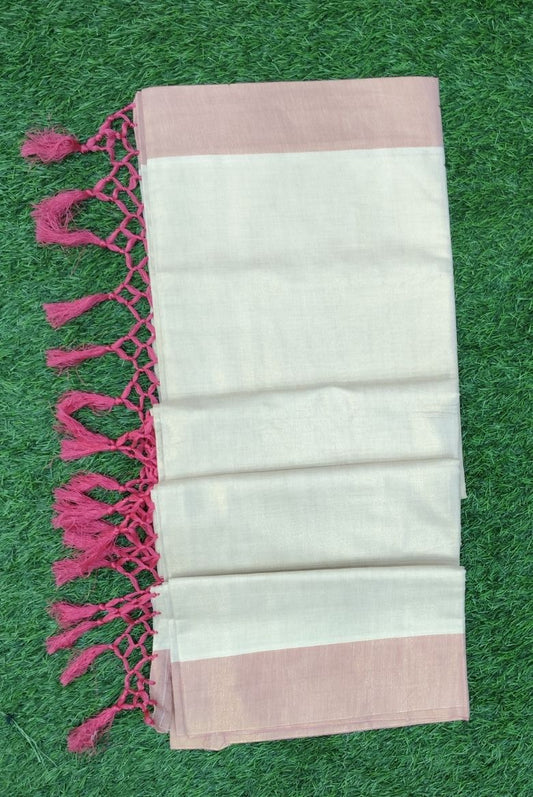 Handloom Golden Tissue Set Saree with Pink and Gold Borders