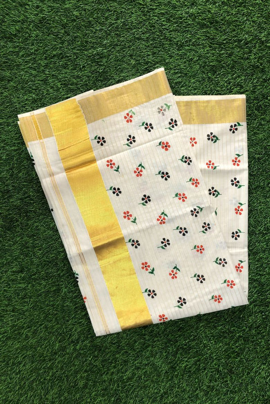 Elegant Kerala Cotton Set Saree with Orange and Black Floral Prints