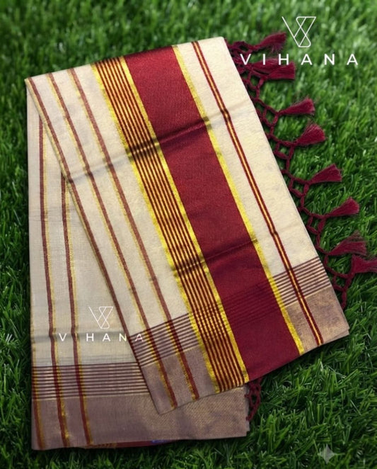 Maroon & Golden Kasavu Border Kerala Tissue Set Saree with Blouse-VS367