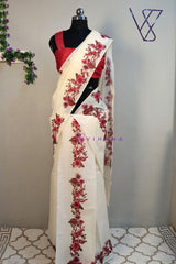 Red Floral Design Kerala Cotton Set Mundu