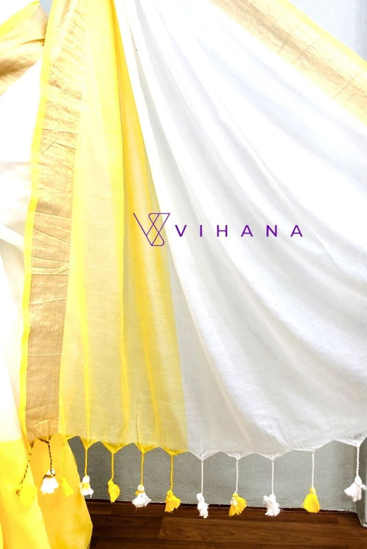 Pure 120 Count Half Dyed White and Yellow Mul Cotton Saree