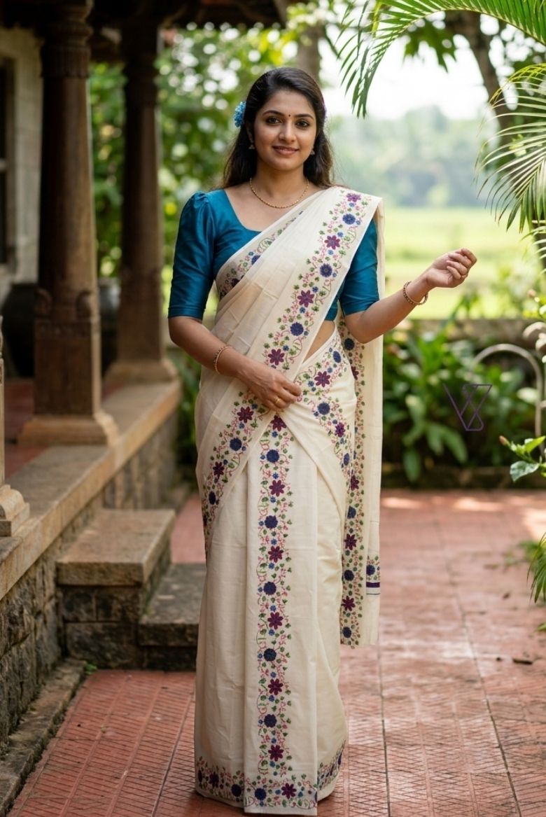 Multi color Floral Design Kerala Cotton Set Mundu