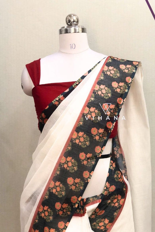 Pure White Linen Cotton Saree with Striking Blackish Green Border