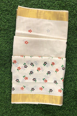 Elegant Kerala Cotton Set Saree with Orange and Black Floral Prints