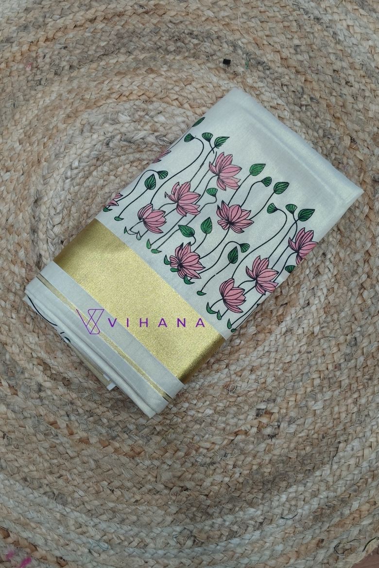 Kerala Tissue Saree With pink Lotus Motifs and Golden Kasavu Border