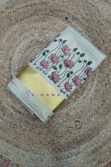 Kerala Tissue Saree With pink Lotus Motifs and Golden Kasavu Border