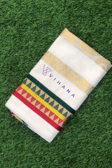 Classic Kerala Kasavu Set Saree with Multicolour Temple Border