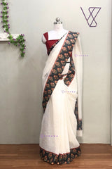 Pure White Linen Cotton Saree with Striking Blackish Green Border