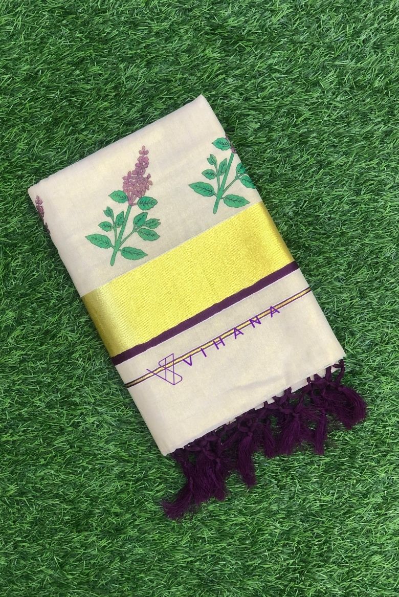 Kerala Golden Tissue Set Saree with Thulasikathir Printed Designs