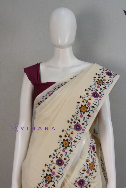 Kerala Traditional Cotton Floral Print Set Saree