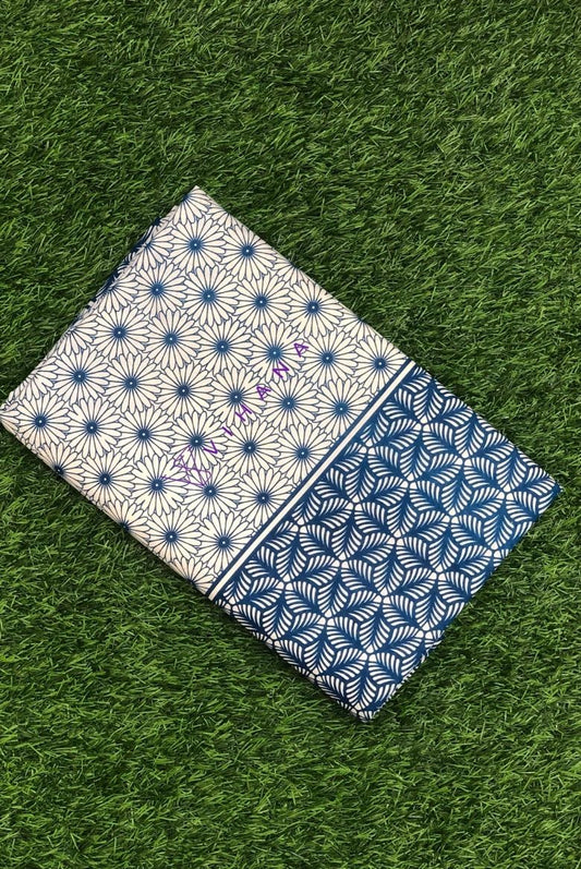 Blue Floral Print Kerala Cotton Set Saree