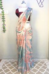 Light Blue Red Combination Khatan Semi Silk Marble Print Saree