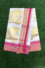 Kerala Cotton Premium Set Saree with Pink Border and Gold Zari Woven Floral Designs