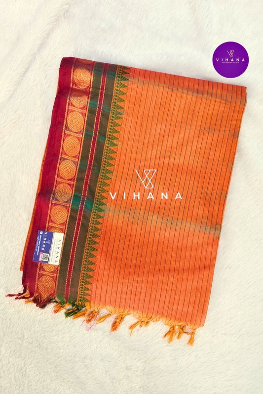 Pure Chettinadu Cotton Orange Check Zari Border Saree