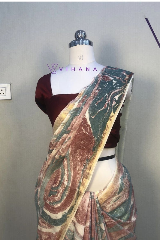 Light Blue Red Combination Khatan Semi Silk Marble Print Saree