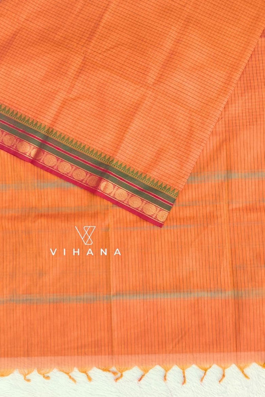 Pure Chettinadu Cotton Orange Check Zari Border Saree