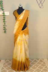 Khatan Silk Tie and Dye White Mustard Yellow Saree