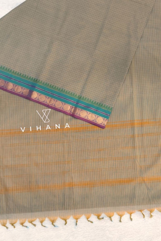 Pure Chettinadu Cotton Pastel Greyish Green Check Zari Border Saree