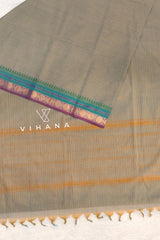 Pure Chettinadu Cotton Pastel Greyish Green Check Zari Border Saree