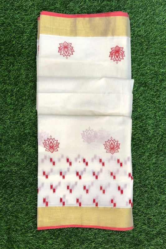 Traditional Cotton Set Saree With Red Floral and Geometric Prints