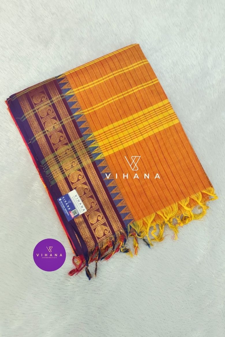 Pure Chettinadu Cotton Yellow Orange Checkered Saree with Ganga Jamuna Borders